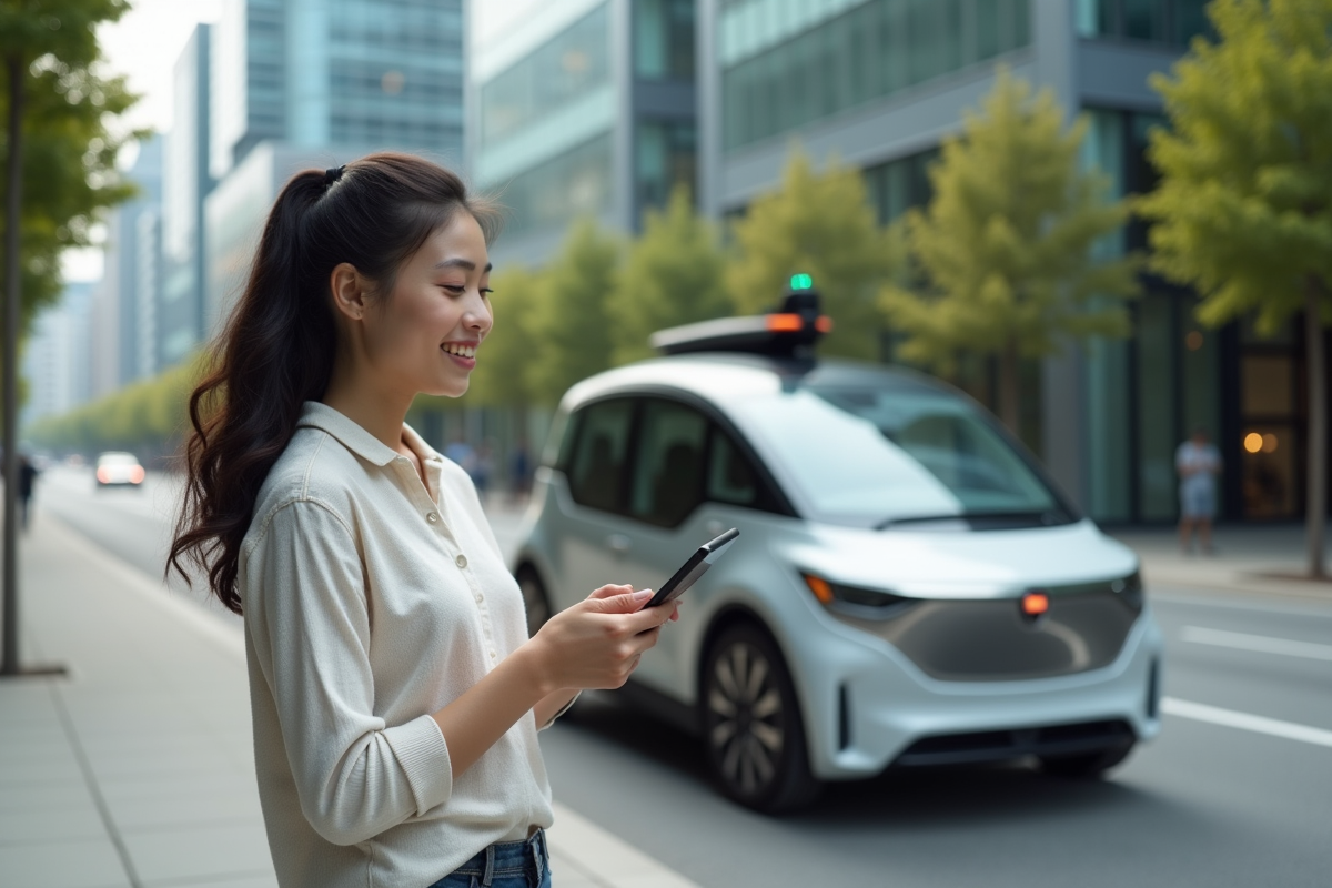 Jeune femme avec voiture électrique autonome en ville