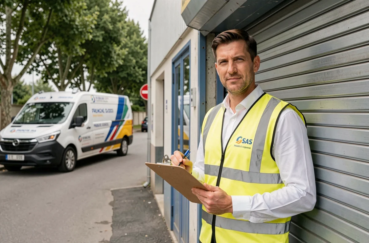 Serrurier de Fernandes Adrien SAS devant un rideau métallique réparé dans une zone commerciale de l'Yonne