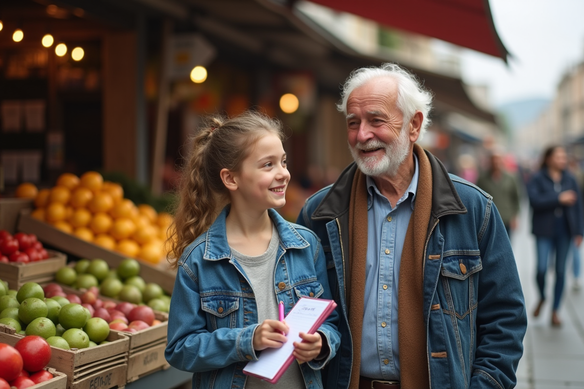 Fille de dix ans discutant avec son grand-pere au marché