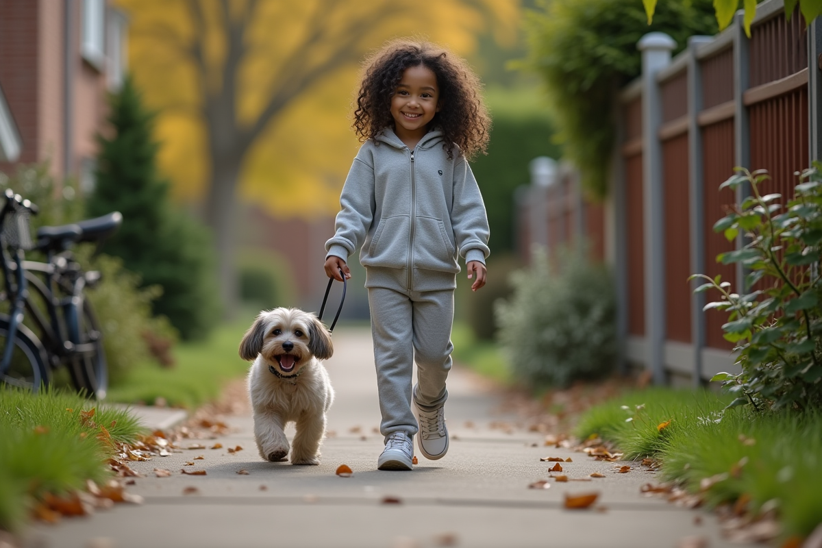 Fille de 12 ans promène un chien dans un quartier résidentiel