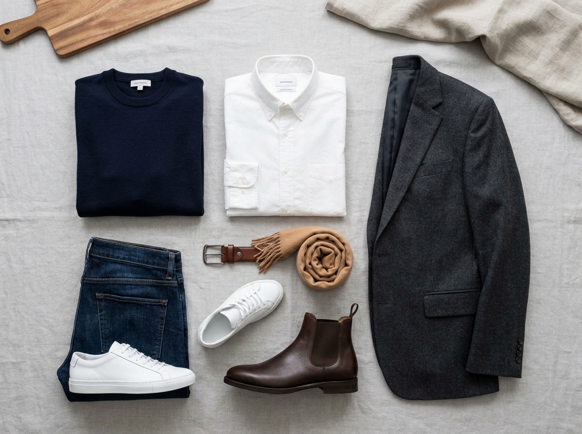 Flat lay des essentiels d'un vestiaire masculin capsule pour toutes les saisons incluant blazer, pull et accessoires intemporels