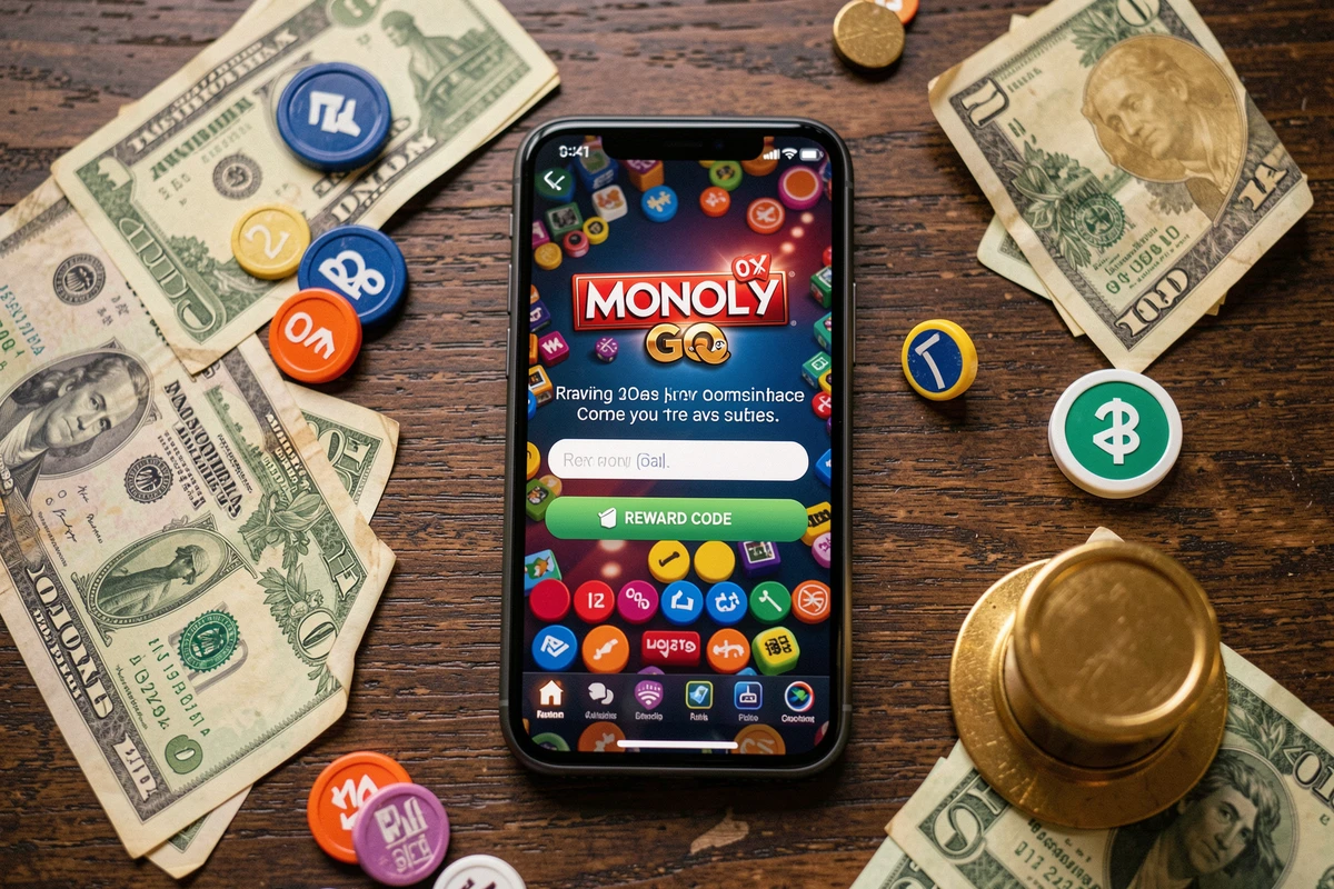 Flatlay d'un smartphone affichant l'écran de code récompense Monopoly GO entouré de pièces de jeu de société
