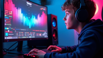 Jeune gamer concentré sur son écran avec éclairage RGB