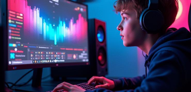 Jeune gamer concentré sur son écran avec éclairage RGB