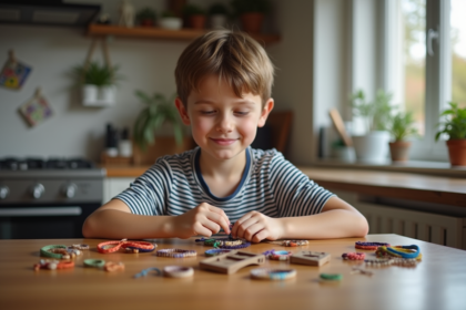 Garçon de 12 ans assemble bracelets faits main à la maison