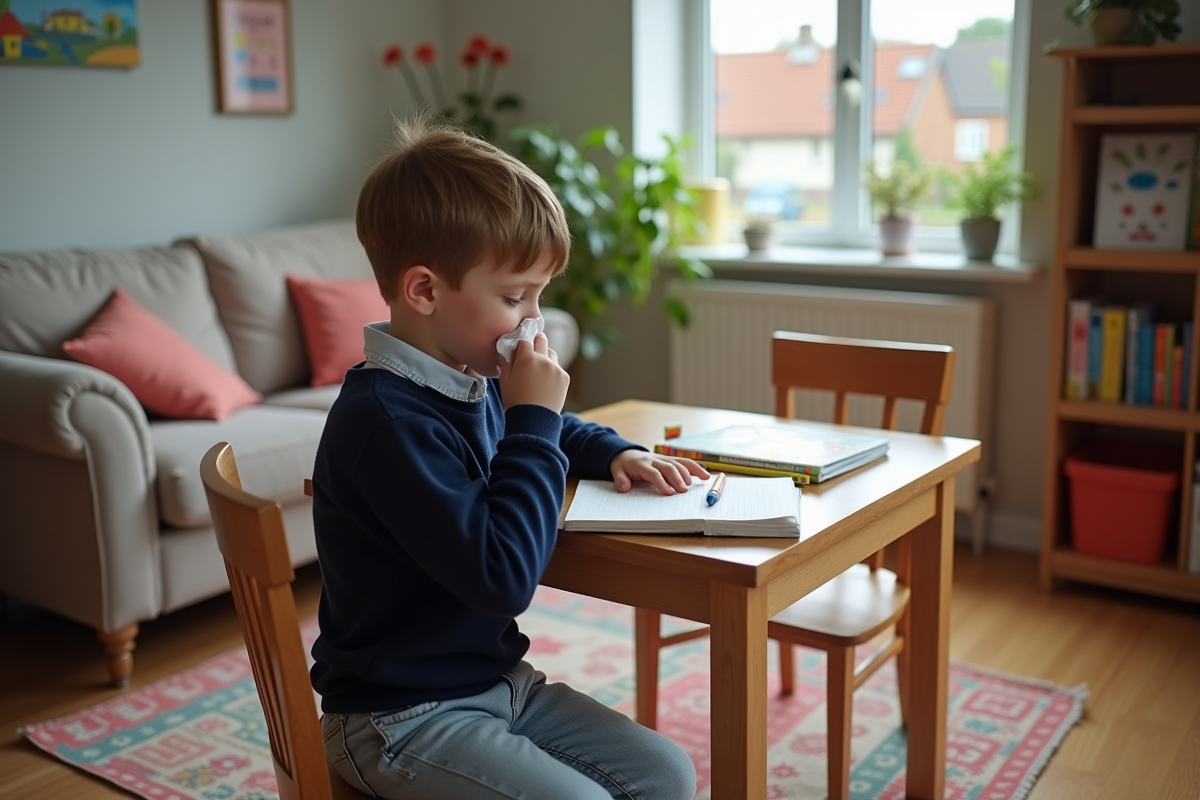 Garçon de six ans se mouchant dans un salon familial