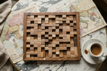 Grille de mots croisés en bois avec des noms de villes italiennes écrits au crayon sur une table en marbre vintage