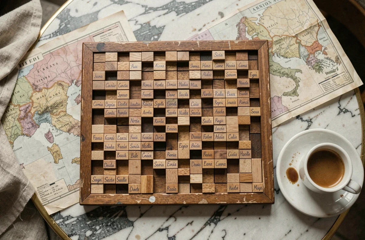 Grille de mots croisés en bois avec des noms de villes italiennes écrits au crayon sur une table en marbre vintage