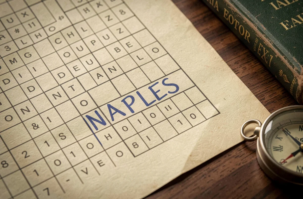 Gros plan d'une grille de mots croisés avec la réponse Naples écrite en stylo bleu sur papier jauni