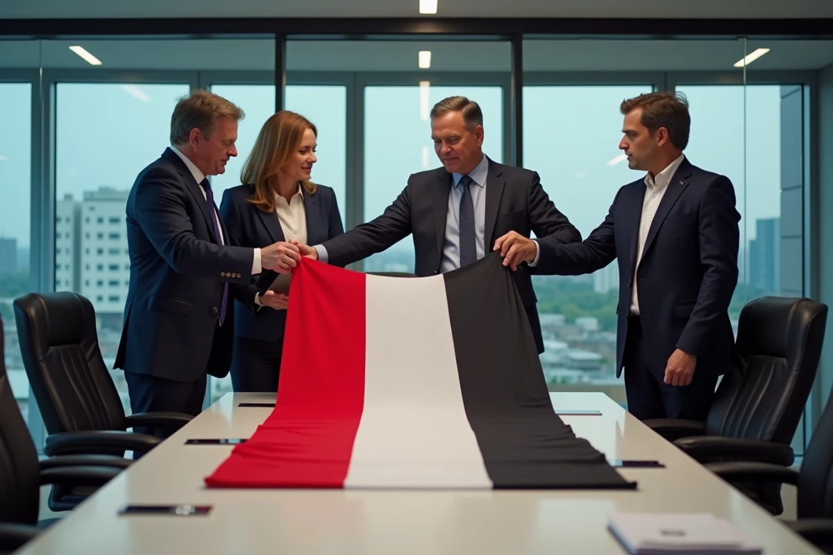 Groupe de professionnels manipulant un drapeau dans une salle de réunion