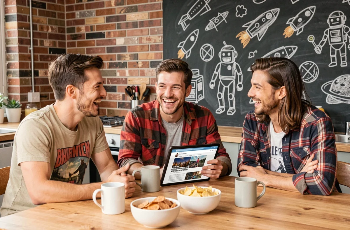 Groupe d'amis geeks réunis autour d'une tablette pour lire et partager des articles d'un blog geek de référence