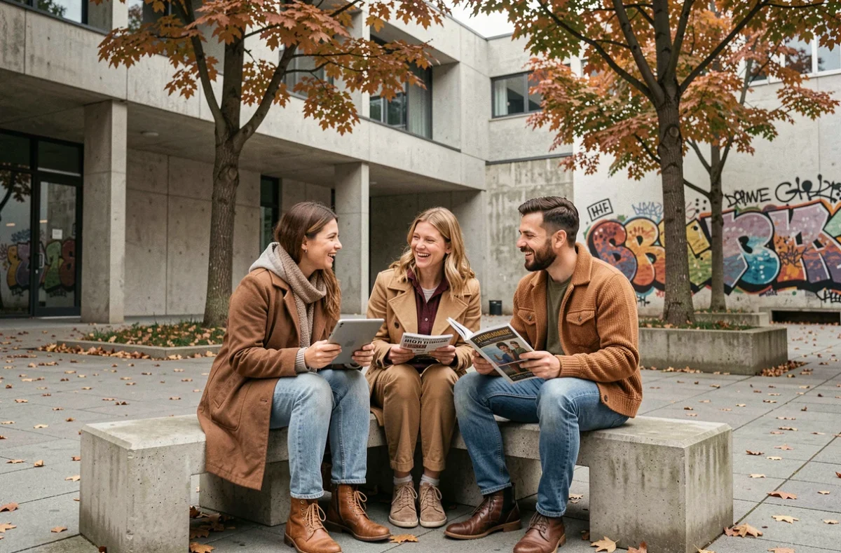 Groupe de jeunes adultes partageant des magazines culturels et discutant dans une cour extérieure d'un centre culturel urbain en automne