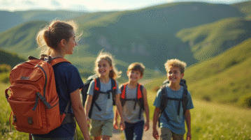 Groupe d'enfants et professeur en sortie dans le paysage volcanique d'Auvergne