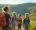 Groupe d'enfants et professeur en sortie dans le paysage volcanique d'Auvergne