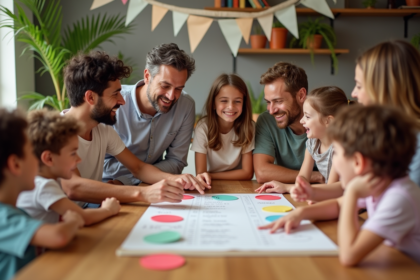 Groupe d'adultes et enfants souriants autour d'une table festive