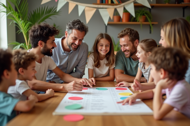 Groupe d'adultes et enfants souriants autour d'une table festive