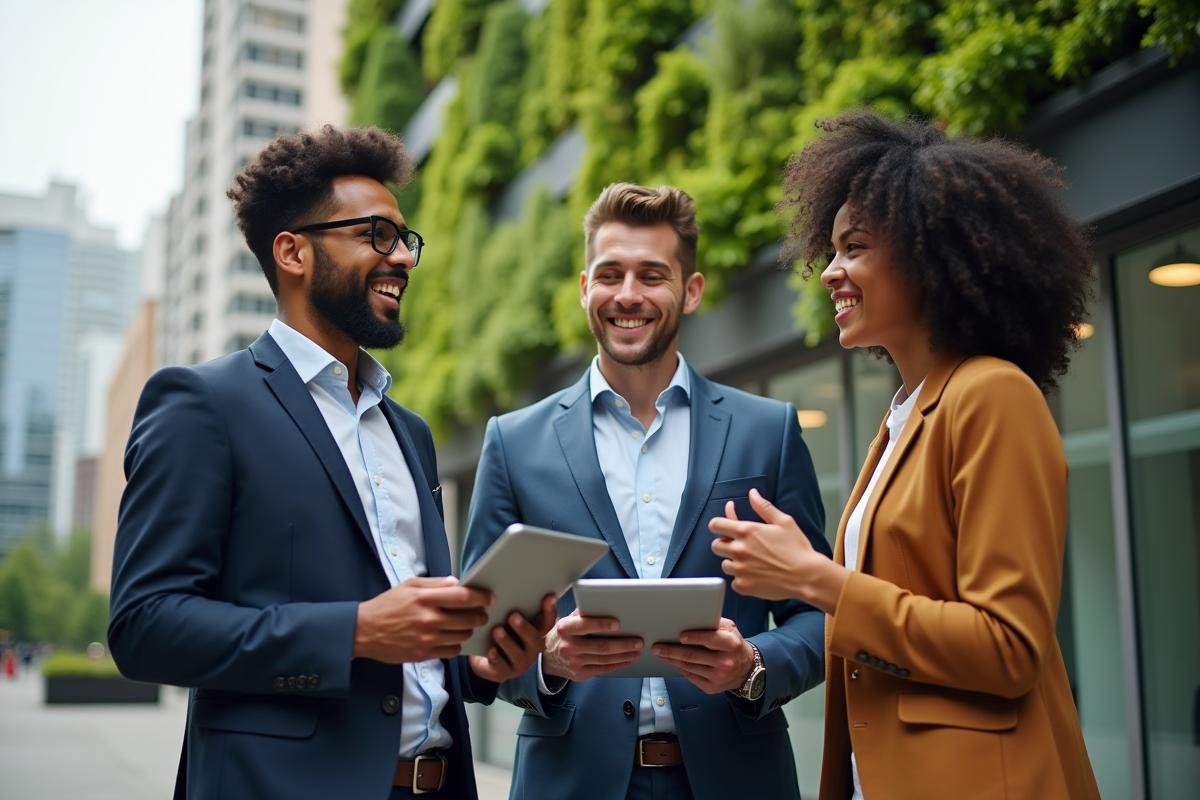 Trois jeunes professionnels discutant devant un bâtiment écologique