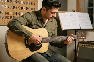 Guitariste adulte corrigeant son placement de doigts sur les accords de Mistral Gagnant en studio