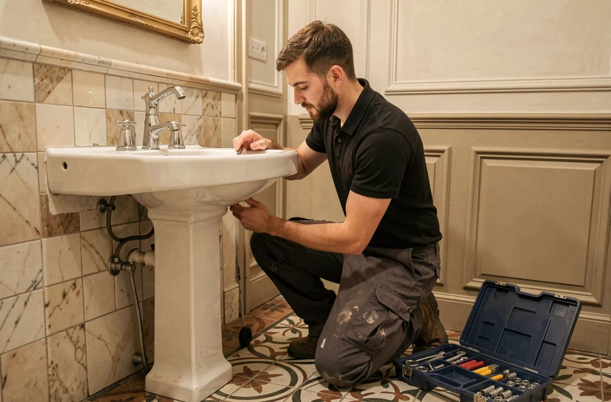 Plombier indépendant Hillal A. O. remplaçant un robinet de lavabo dans un appartement versaillais