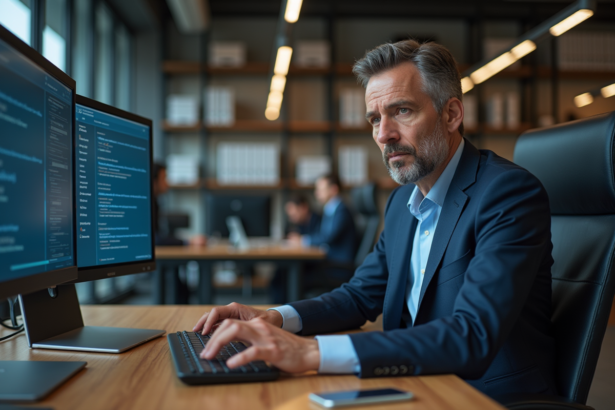 Homme d'affaires concentré sur un écran d'automatisation