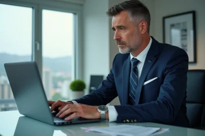 Homme d'affaires en costume regardant un ordinateur avec des popups