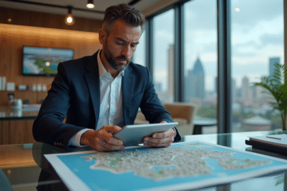 Homme d'affaires examinant une carte urbaine dans un bureau moderne