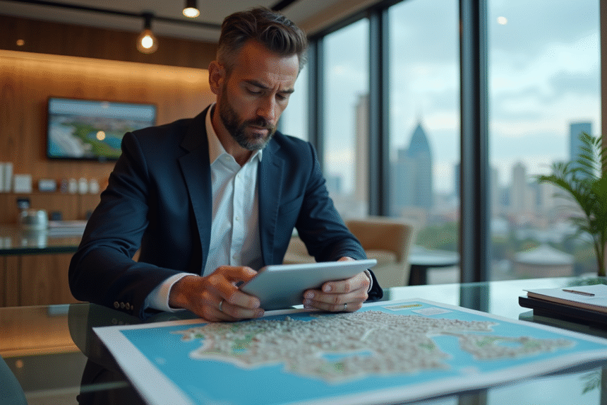 Homme d'affaires examinant une carte urbaine dans un bureau moderne