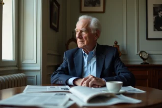 Homme agee en costume dans un salon parisien