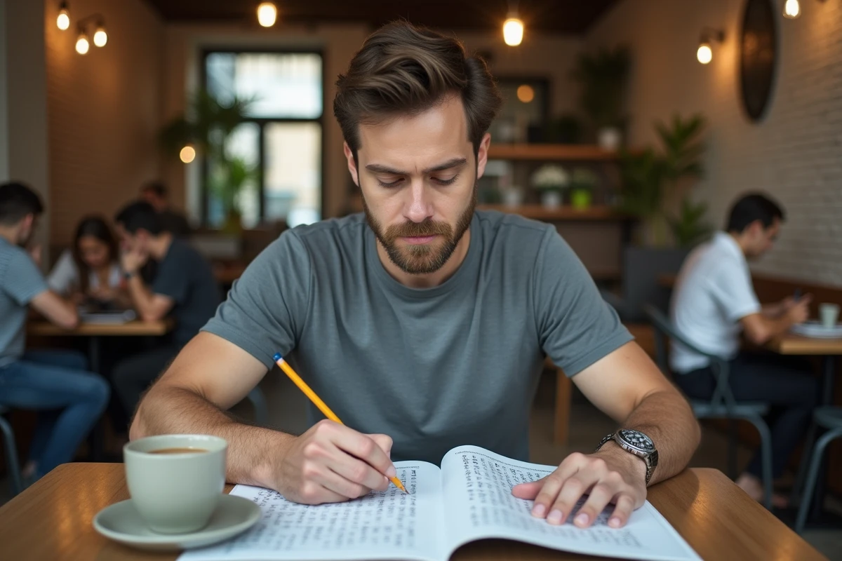 Homme résolvant un défi anagramme dans un magazine de mots fléchés dans un café moderne