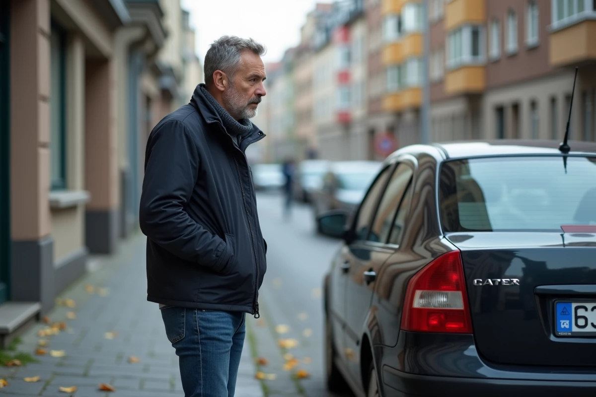 Homme anxieux debout près d'une voiture garée dans une rue urbaine, perdu dans ses pensées