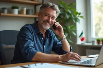 Homme d'âge moyen souriant en appel international