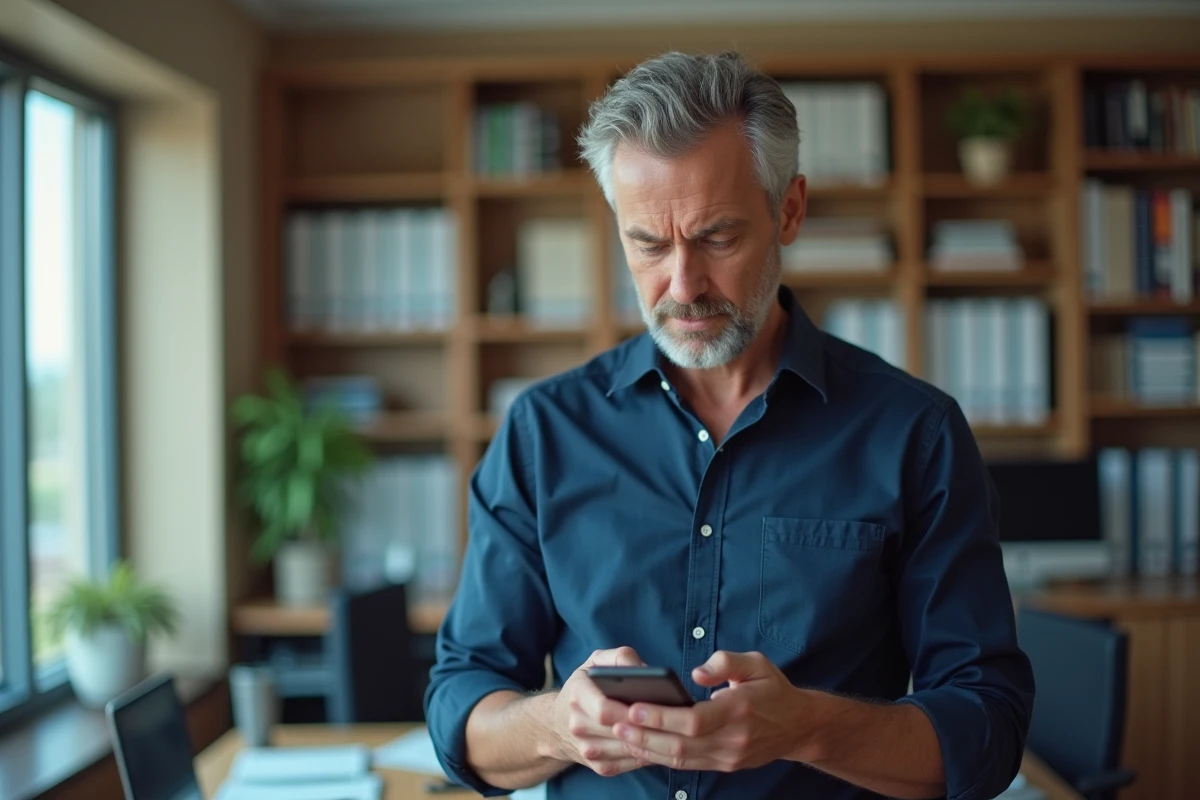 Homme en bureau consultant son téléphone après avoir reçu un appel suspect d'un numéro de spam