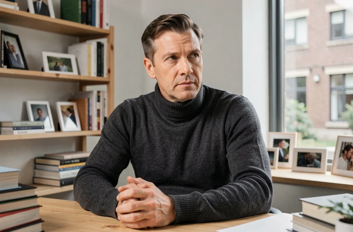 Homme en col roulé gris assis dans un bureau privé entouré de livres et de photos retournées, regard lointain évoquant confidences et zones d'ombre