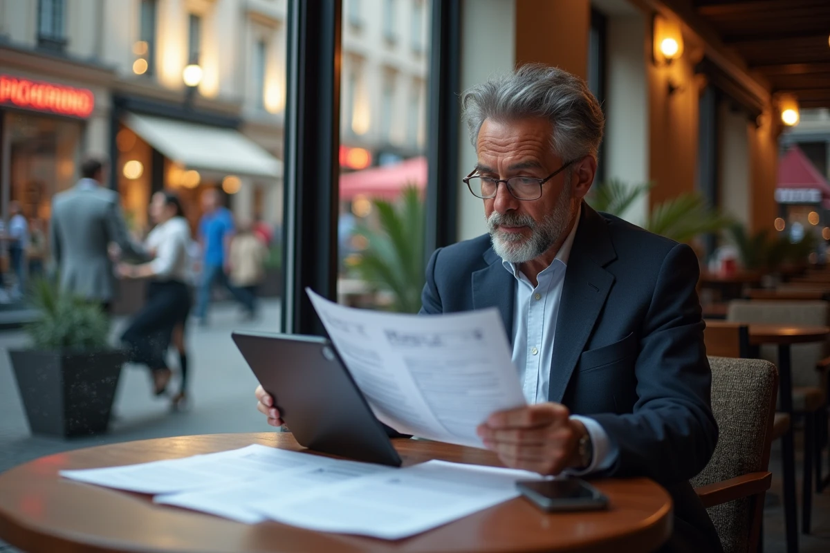 Homme en café consultant des rapports sur sa tablette