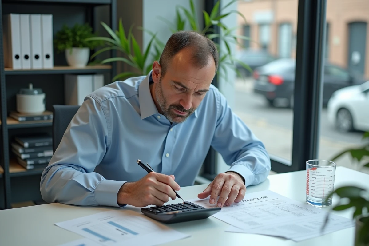 Homme d affaires utilise une calculatrice au bureau