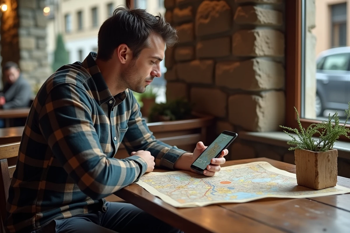 Homme consultant une carte routière et un GPS avec conversion miles kilomètres dans un café européen