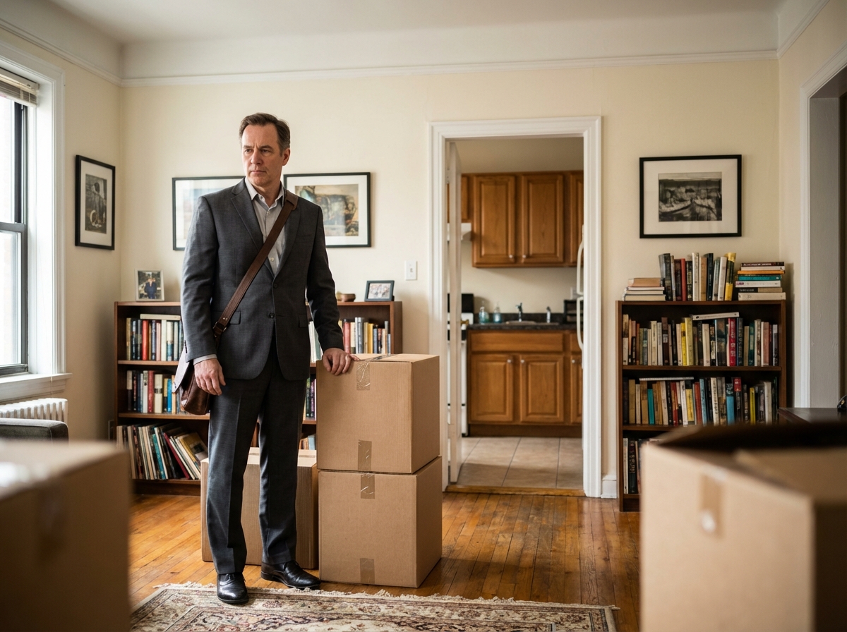 Homme avec cartons dans un appartement chaleureux