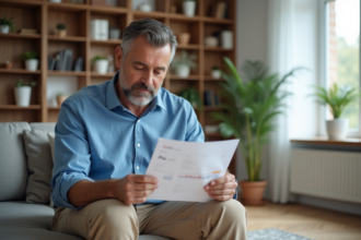 Homme en bleu examine un DPE dans un salon moderne