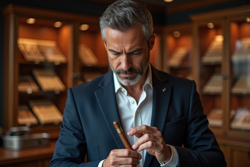 Un homme élégant dans la quarantaine examine attentivement un cigare de luxe dans une cave à cigares traditionnelle aux boiseries sombres