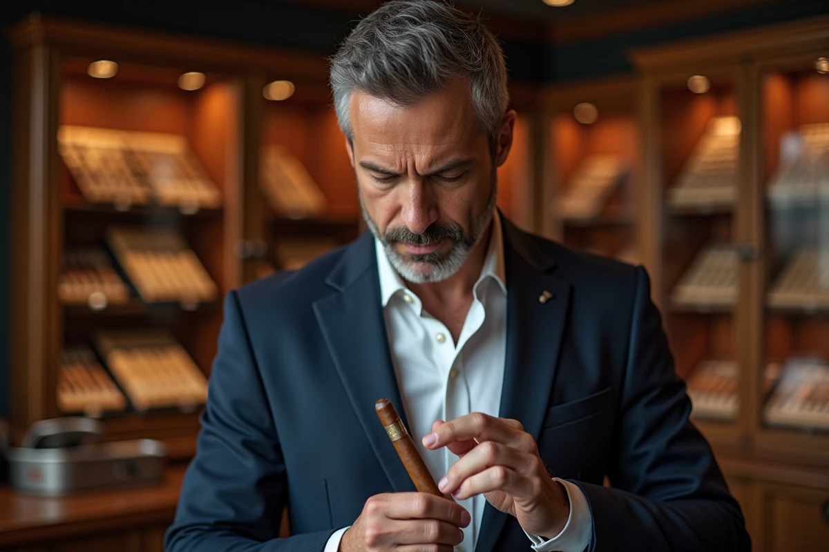 Un homme élégant dans la quarantaine examine attentivement un cigare de luxe dans une cave à cigares traditionnelle aux boiseries sombres