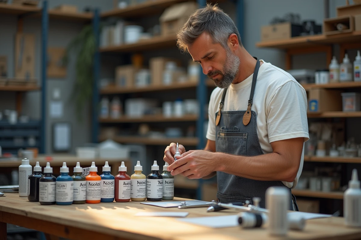 Homme vérifiant des peintures pour aérographe dans un atelier lumineux