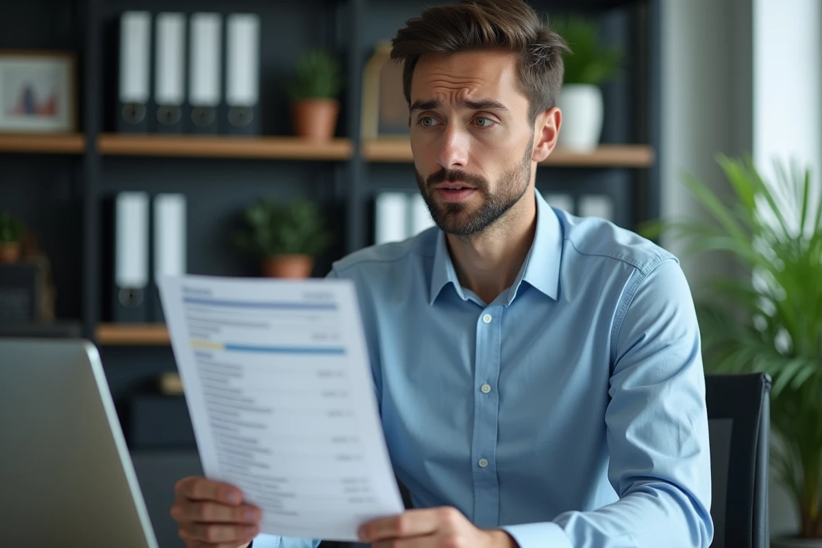 Homme vérifiant sa facture téléphonique pour identifier un numéro 0568 au bureau