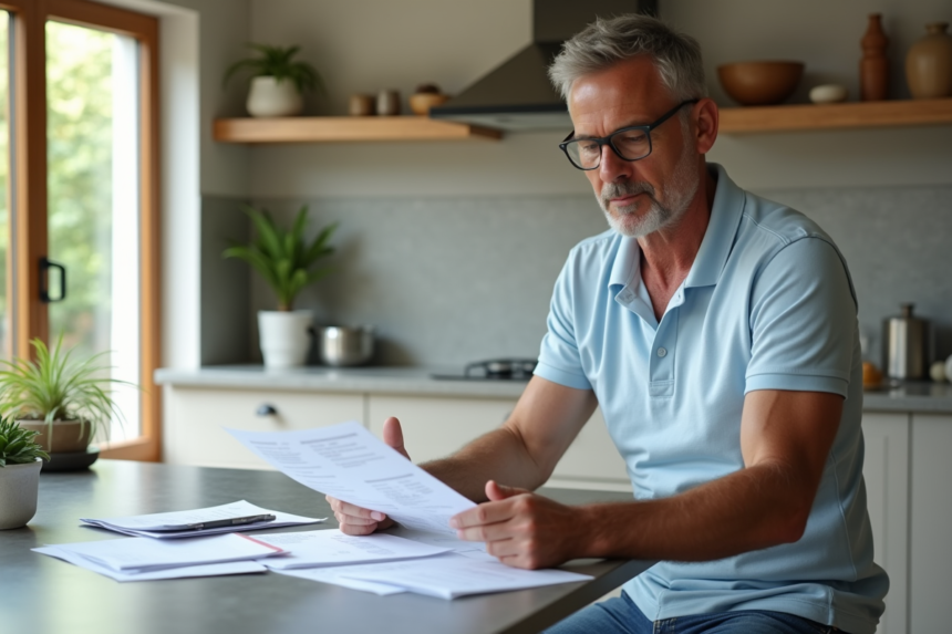 Homme d'âge moyen examinant des factures dans une cuisine moderne