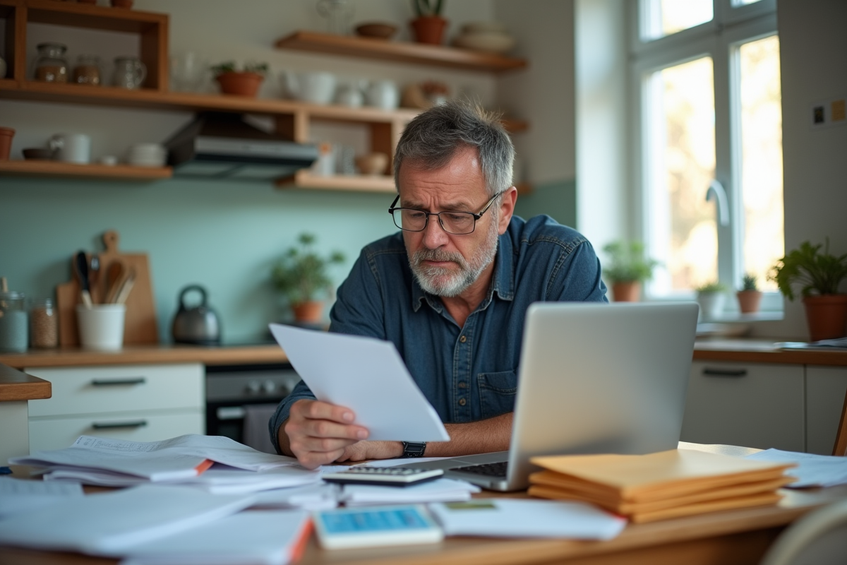 Homme francais frustré avec papiers et calculatrice