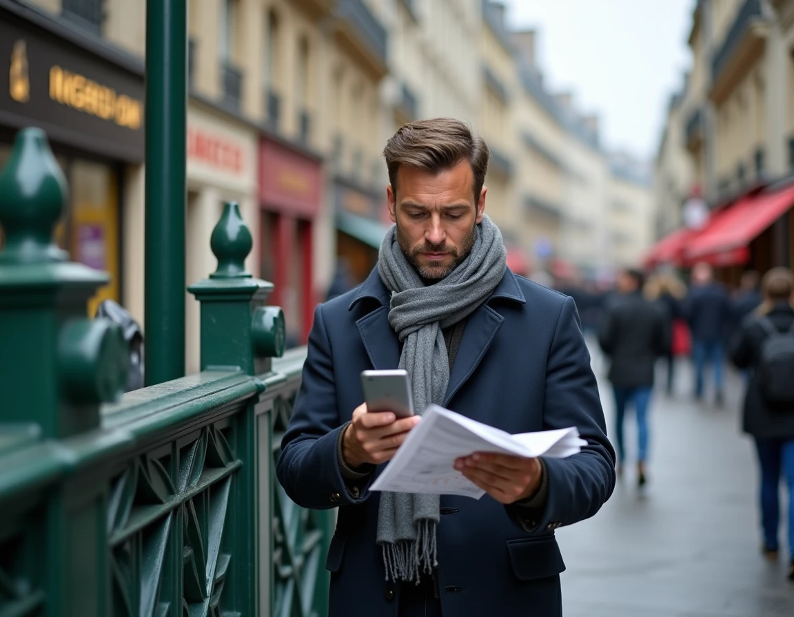 Homme en costume consultant un plan de métro devant une bouche de métro parisienne Art Nouveau lors d'une grève RATP