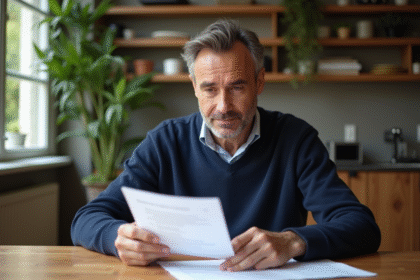 Homme français lit un contrat dans un appartement parisien