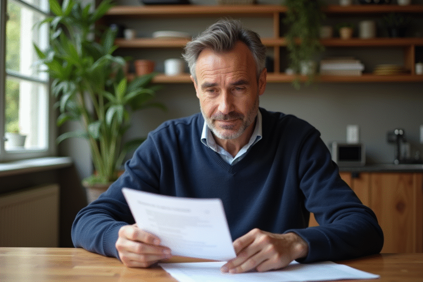 Homme français lit un contrat dans un appartement parisien