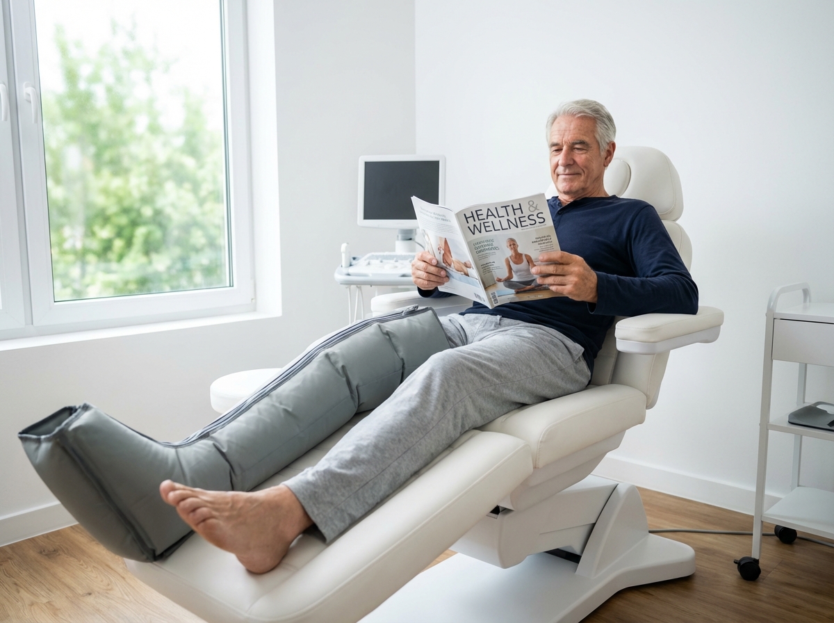 Homme âgé utilisant des bottes de drainage lymphatique en clinique