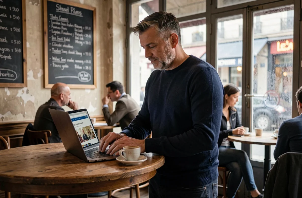 Homme consultant un magazine culturel en ligne sur son ordinateur portable dans un café parisien avec une ambiance chaleureuse et urbaine