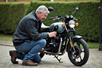 Homme inspectant la roue d'une moto Dax en extérieur